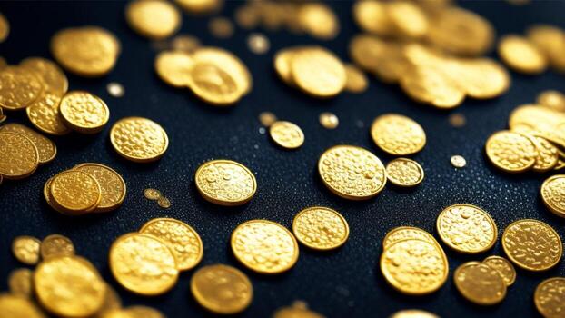 oro monedas con negro fondo, lluvia de dinero, poder, Rico concepto imagen de éxito ai generado foto