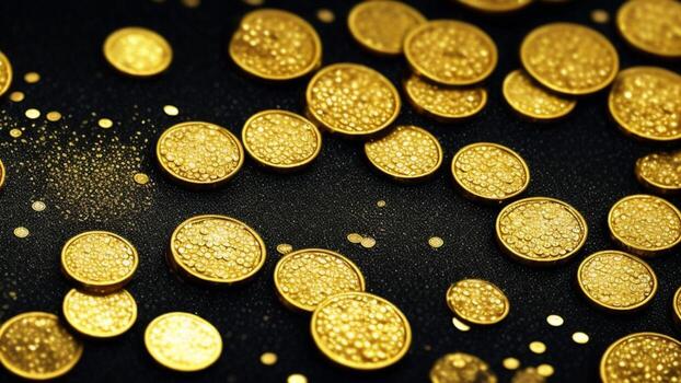 oro monedas con negro fondo, lluvia de dinero, poder, Rico concepto imagen de éxito ai generado foto