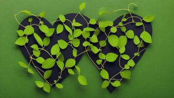 Vines entwined into love, green background, environmental protection concept, AI generated photo