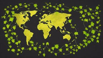 Vine with map earth, black background, environmental protection concept photo