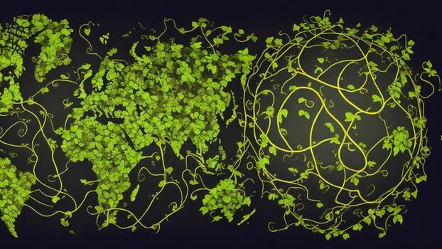 Vine with map earth, black background, environmental protection concept photo