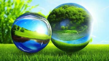 earth on grass, water conservation, energy saving, earth day, environmental protection AI generated photo