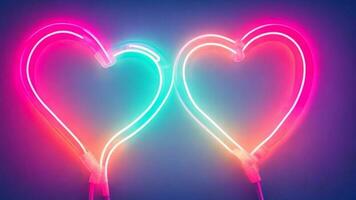 azul y rosado neón luces formar dos amor corazones ai generado foto
