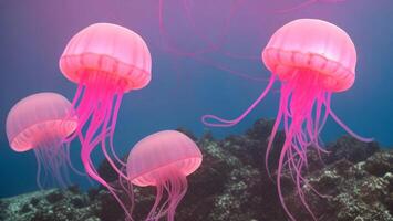 Luminous pink jellyfish of the deep sea, clear water photo