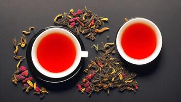Hot herbal tea with black background, stress relief and relaxation photo
