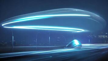 Futuristic blue neon high speed light, magnetic floating car parking dark background photo
