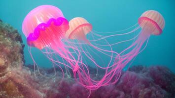 Luminous pink jellyfish of the deep sea, clear water photo