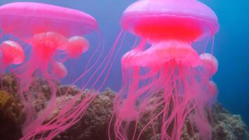 Luminous pink jellyfish of the deep sea, clear water photo