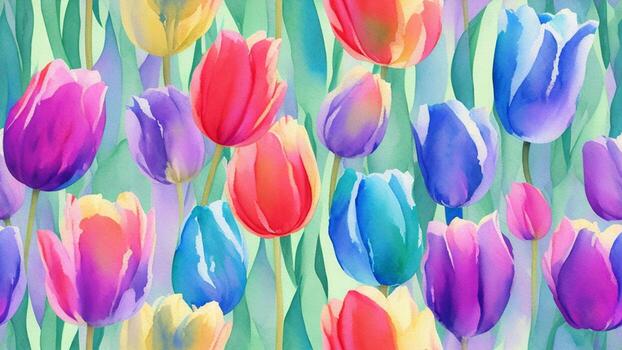 watercolor beautiful rainbow color tulip flower, tile seamless repeating pattern photo