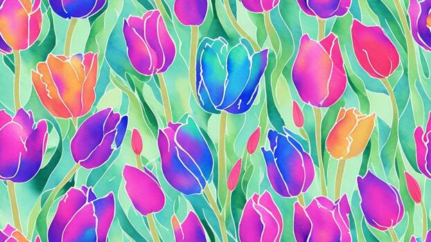 watercolor ink, beautiful rainbow color tulip flower, tile seamless repeating pattern photo