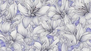 watercolor ink, beautiful white color Lily flower, tile seamless repeating pattern photo