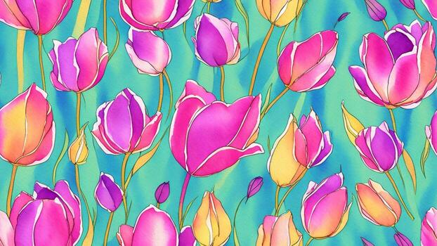 watercolor ink, beautiful rainbow color tulip flower, tile seamless repeating pattern photo
