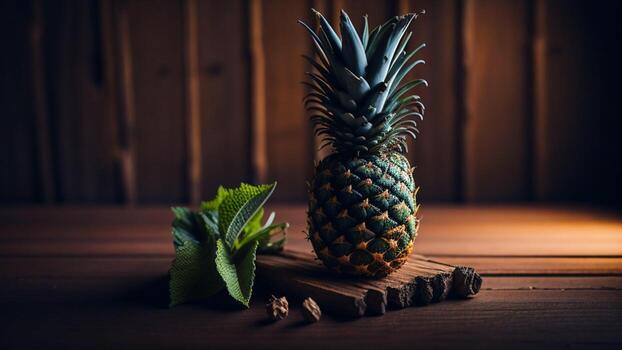 verde hoja piña con de madera mesa y muro, borroso antecedentes ai generado foto