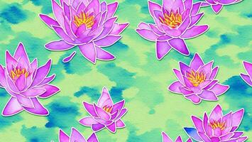 watercolor beautiful pink color Water Lily flower, tile seamless repeating pattern photo