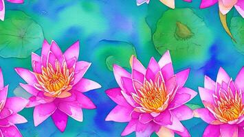 watercolor beautiful pink color Water Lily flower, tile seamless repeating pattern photo