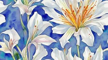 watercolor ink, beautiful white color Lily flower, tile seamless repeating pattern AI generated photo