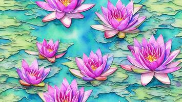 watercolor beautiful pink color Water Lily flower, tile seamless repeating pattern photo