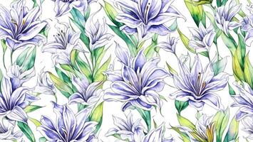 watercolor ink, beautiful white color Lily flower, tile seamless repeating pattern photo