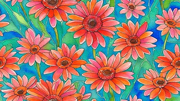 acuarela hermosa gerbera margarita flor, loseta sin costura repitiendo modelo ai generado foto