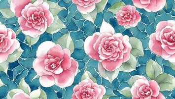 watercolor beautiful pink camellia flower, tile seamless repeating pattern photo