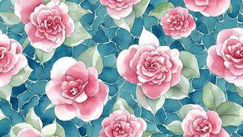 watercolor beautiful pink camellia flower, tile seamless repeating pattern AI generated photo