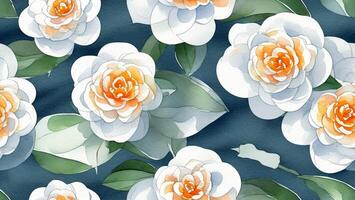 watercolor beautiful white camellia flower, tile seamless repeating pattern AI generated photo