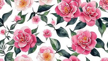 watercolor beautiful red camellia flower, tile seamless repeating pattern photo