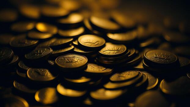 Shiny gold coin with blurred dark background photo