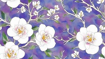 watercolor beautiful white plum flower, tile seamless repeating pattern photo