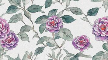 watercolor beautiful purple camellia flower, tile seamless repeating pattern photo