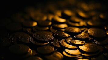 Shiny gold coin with blurred dark background photo