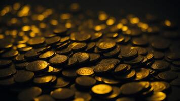 Shiny gold coin with blurred dark background photo