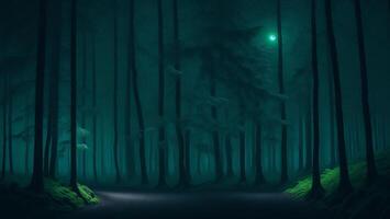Deep green forest at night, moon above, blurred background photo
