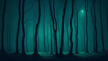 Deep green forest at night, moon above, blurred background photo