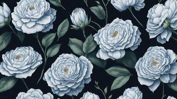 beautiful white camellia flower with dark background, tile seamless repeating pattern AI generated photo