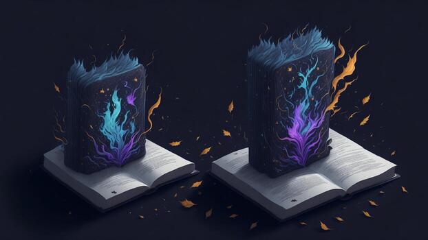 Cartoon style mysterious ancient flame magic book photo