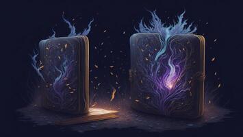 Cartoon style mysterious ancient flame magic book AI generated photo