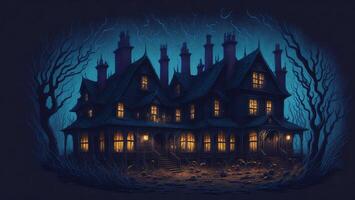Cartoon style Halloween mysterious spooky horror mansion photo