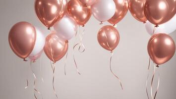 Rose gold, white balloons and white background events wedding sale happy atmosphere AI generated photo