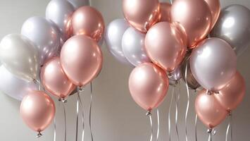 Rose gold, silver balloons and dark background events wedding sale happy atmosphere AI generated photo