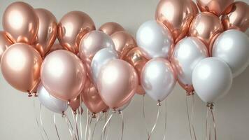 Rose gold, silver balloons and white background events wedding sale happy atmosphere AI generated photo