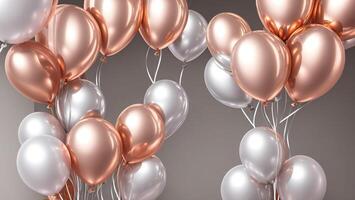 Rose gold, silver balloons and dark background events wedding sale happy atmosphere AI generated photo