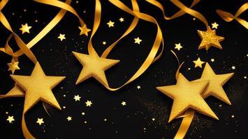 Glittering gold powder stars with ribbons, dark background photo