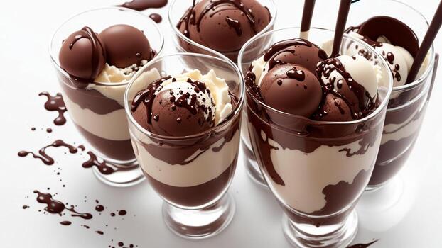 chocolate vainilla hielo crema con blanco antecedentes ai generado foto