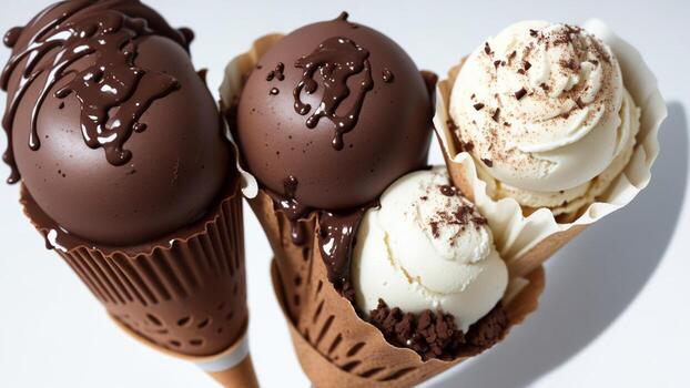 chocolate vainilla hielo crema con blanco antecedentes ai generado foto