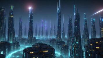 Futuristic high-tech city, high-speed data transmission automation concept photo