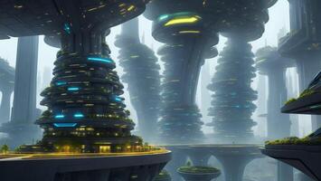 Futuristic high-tech city, high-speed data transmission automation concept photo