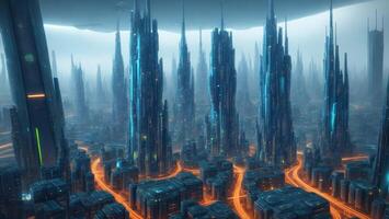 Futuristic high-tech city, high-speed data transmission automation concept photo
