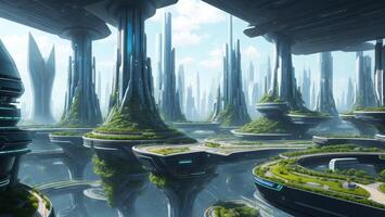 Futuristic high-tech city, high-speed data transmission automation concept photo