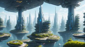 Float futuristic high-tech city, high-speed data transmission automation concept photo